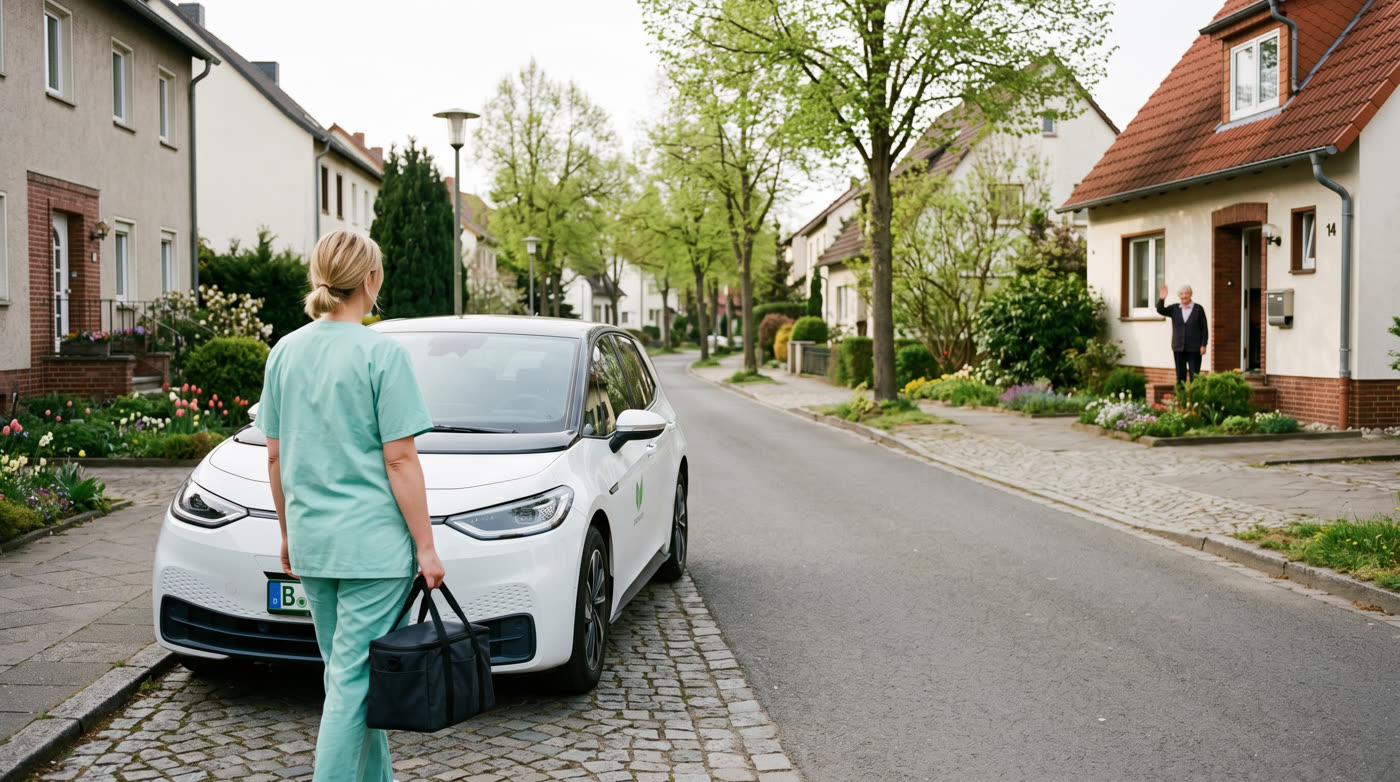 Pflegekraft mit Pflegetasche neben einem E-Pflegefahrzeug, Hausbesuch in einer Wohnsiedlung