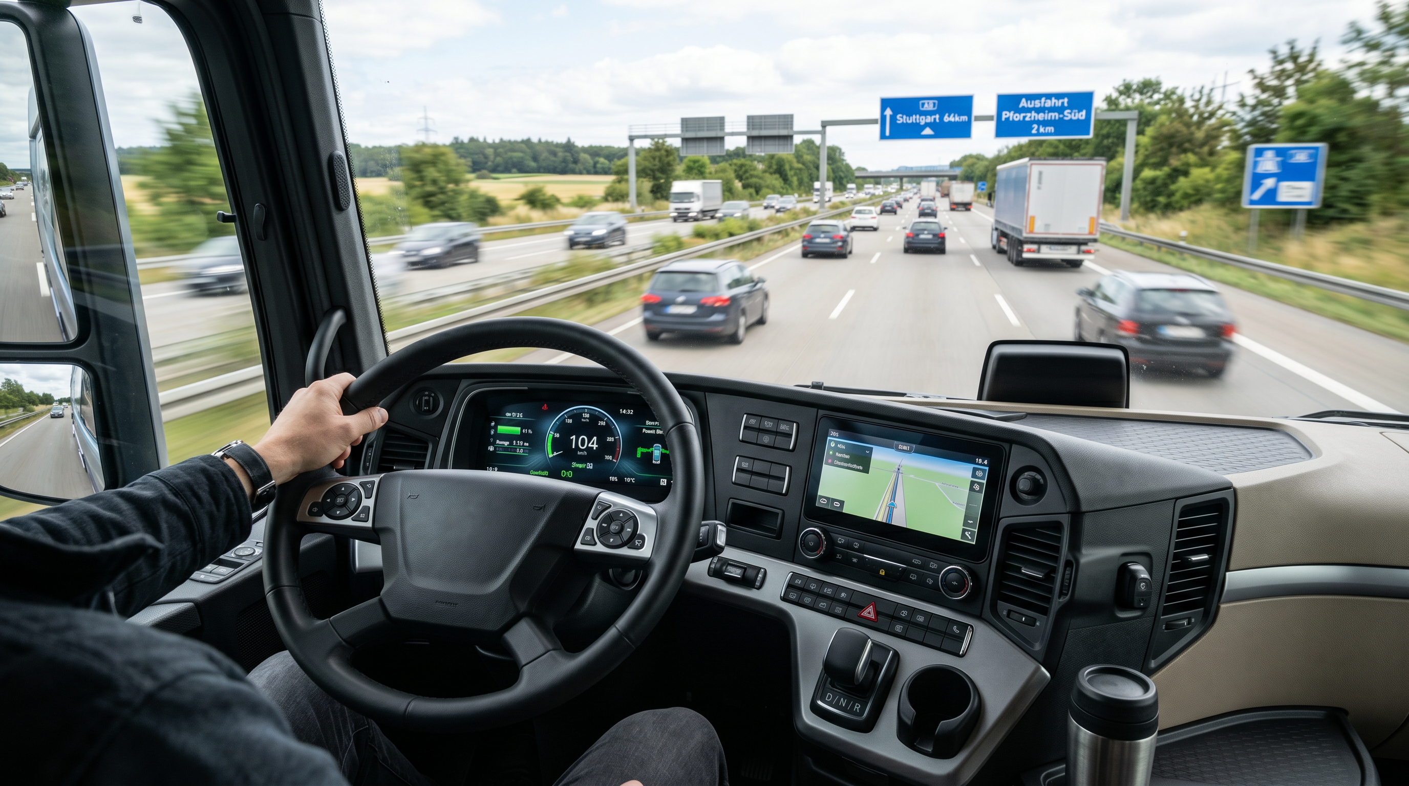 Fahrer-Cockpit eines modernen E-Lkw mit Linkslenkung auf deutscher Autobahn