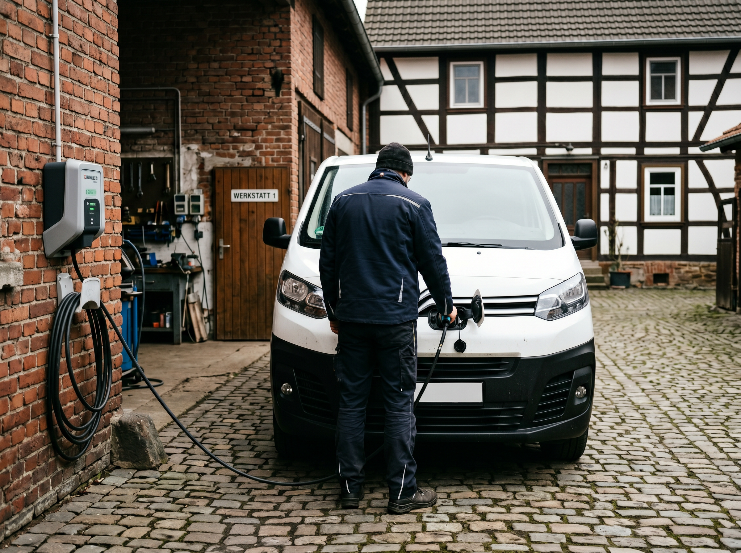 Handwerker lädt einen weißen E-Transporter auf dem Betriebshof