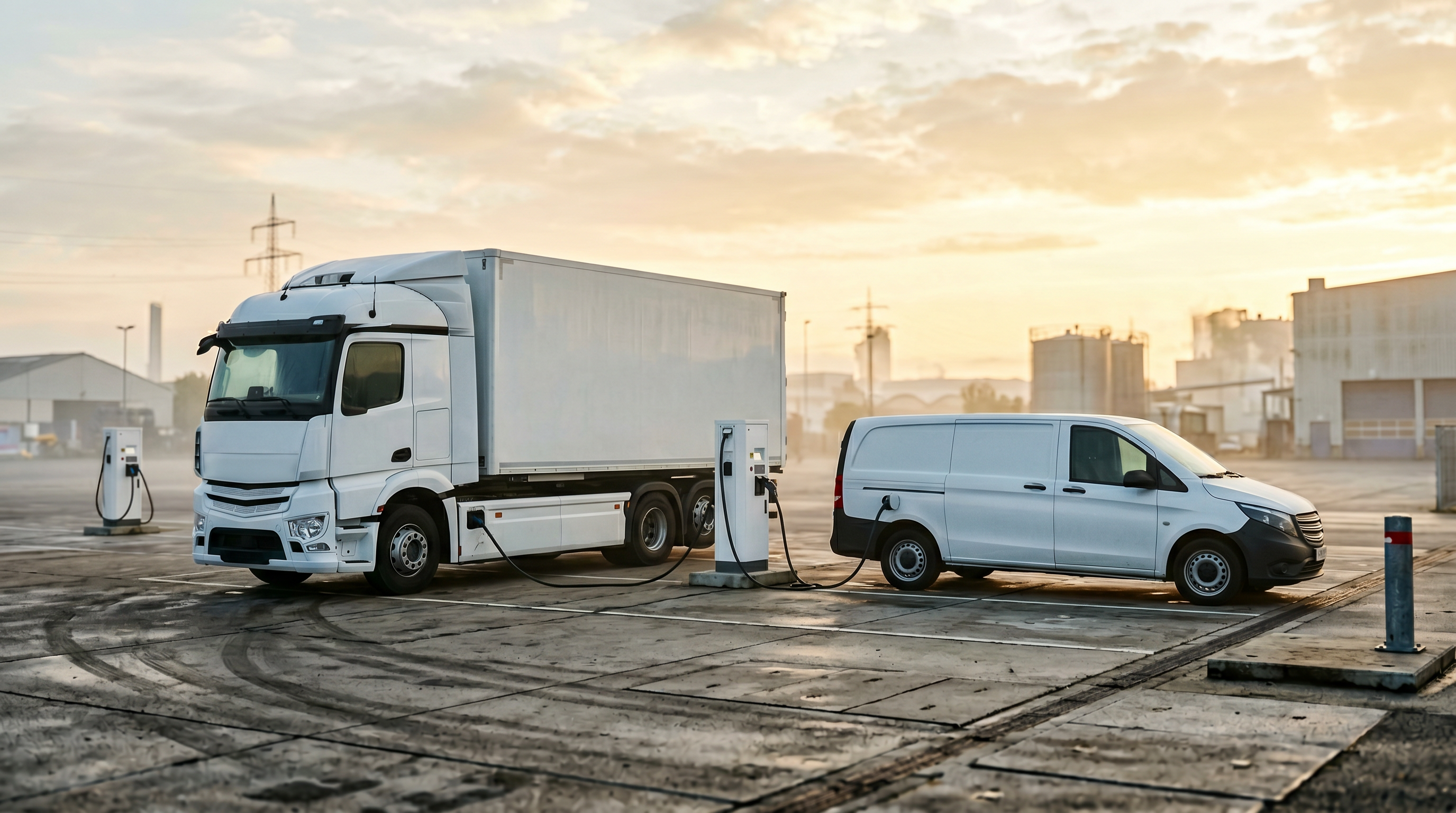 Elektro-Transporter und E-Lkw laden nebeneinander auf einem Betriebshof im Morgenlicht