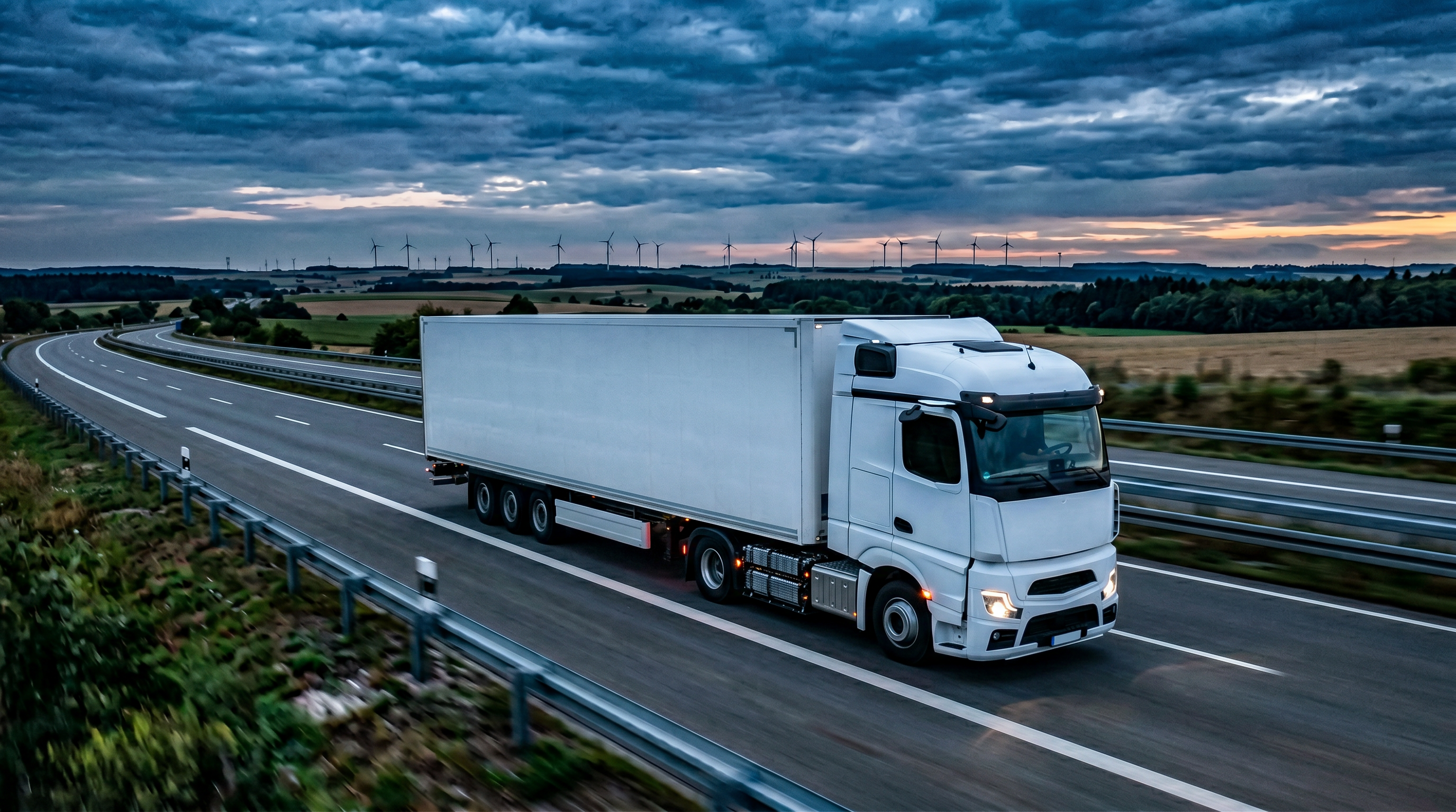 Weißer Elektro-Sattelzug auf deutscher Autobahn in der blauen Stunde