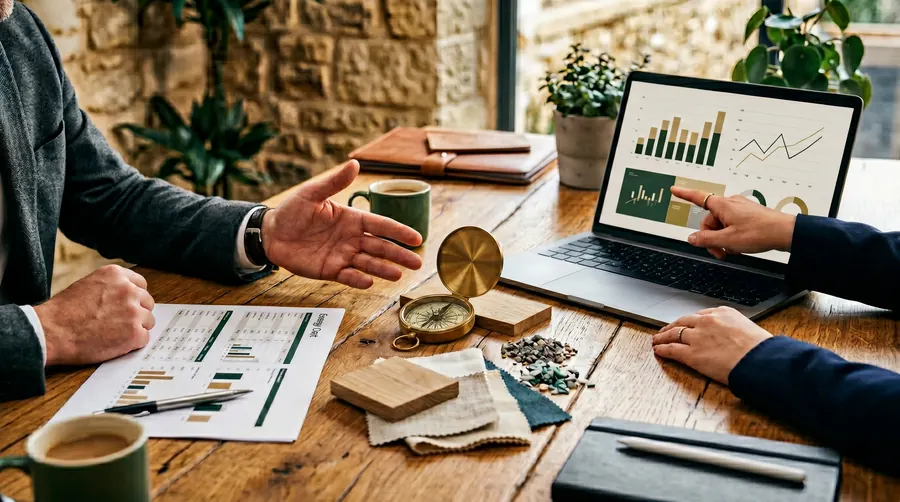 Strategische Ressourcenplanung mit Kompass, Materialien und Auswertungen auf einem Tisch
